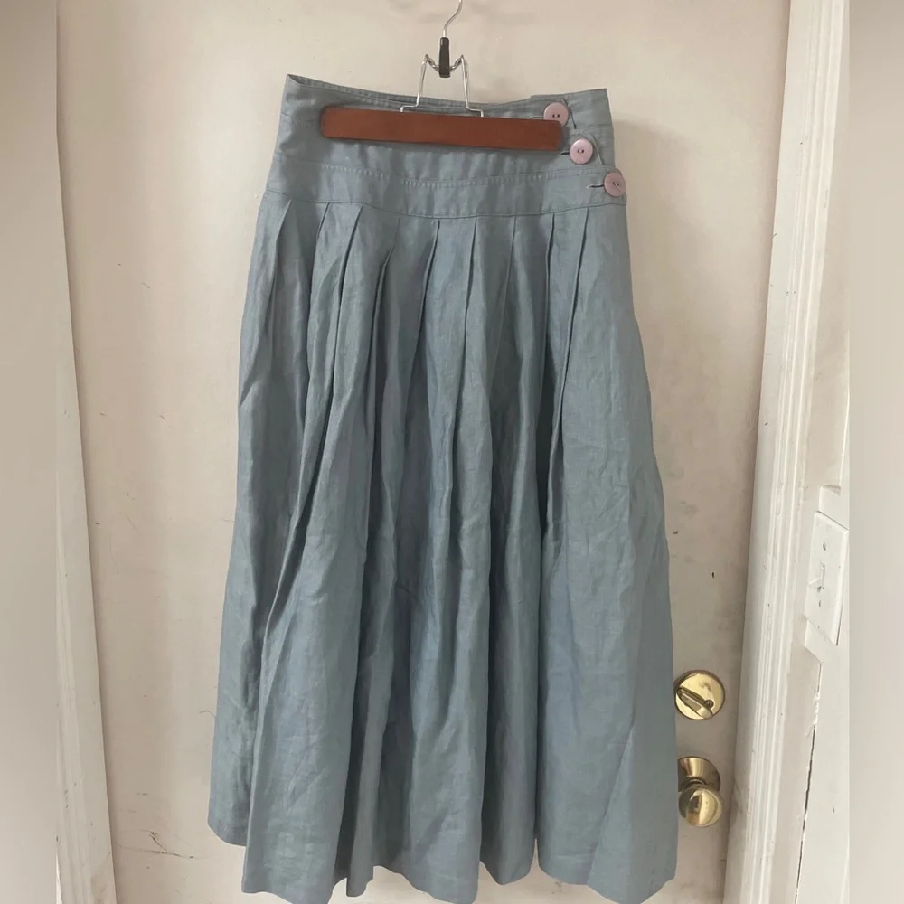 Toffs Blue Vintage Linen Skirt Full A-line Size 7/8 Pleats - Picture 1 of 5